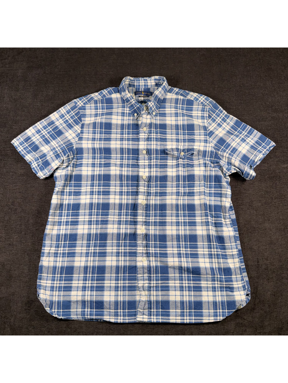 Ralph Lauren Indigo Oxford Blue and White Plaid Short Sleeve Shirt XL